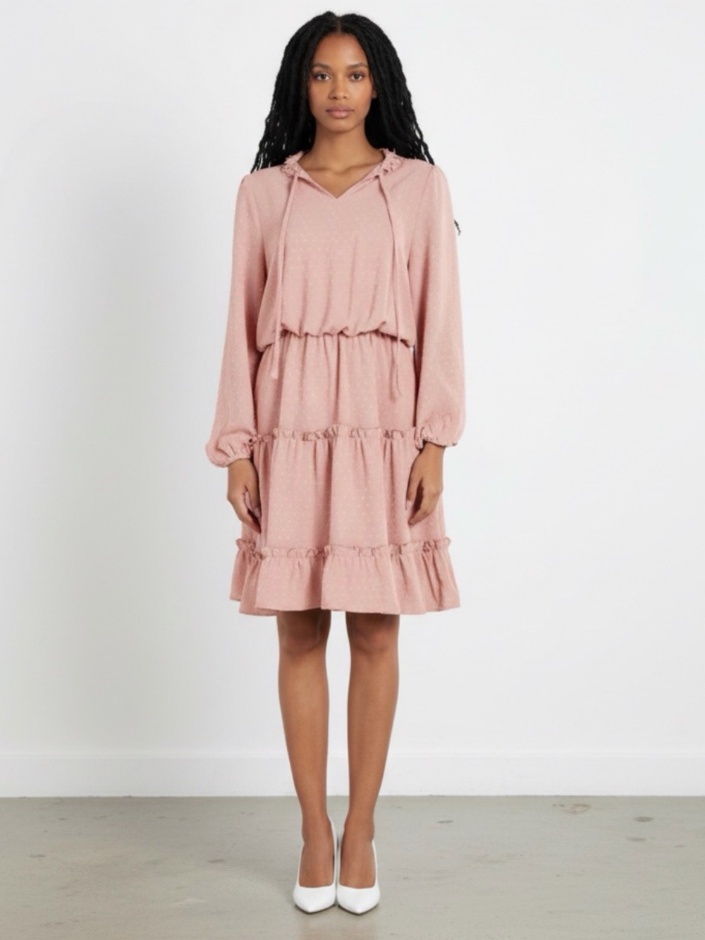 Atelier boutique Pink Tiered Midi Long sleeve dress, large dresses, pink dresses
